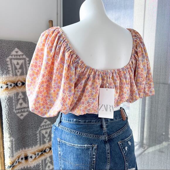ZARA Printed Satin Effect Puff-Sleeve Off-The-Shoulder Crop Top Women’s Medium - Picture 5 of 10